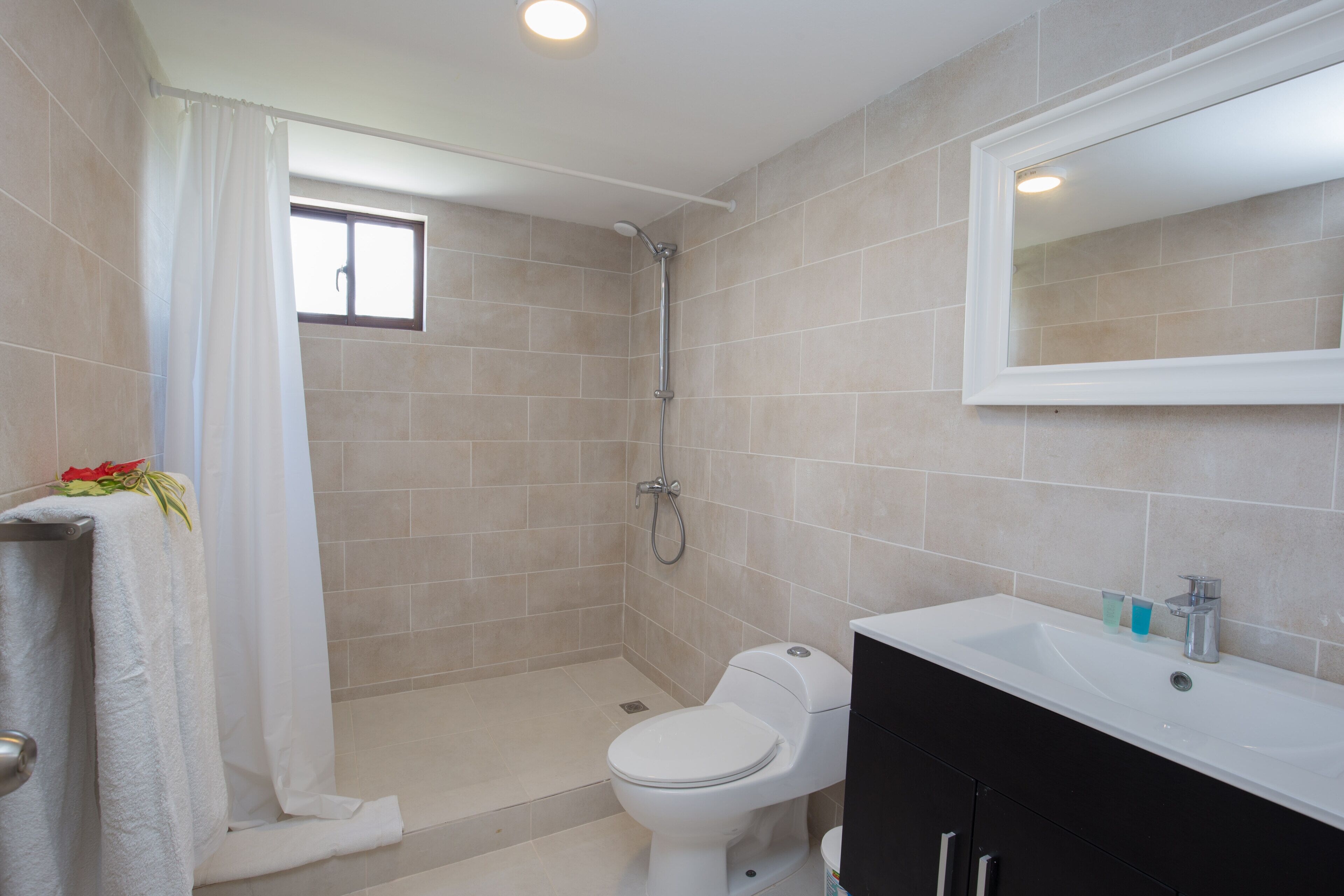 A modern bathroom with a shower, toilet, sink, and a large mirror.