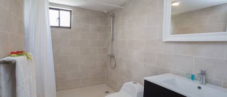 A modern bathroom with a shower, toilet, sink, and a large mirror.