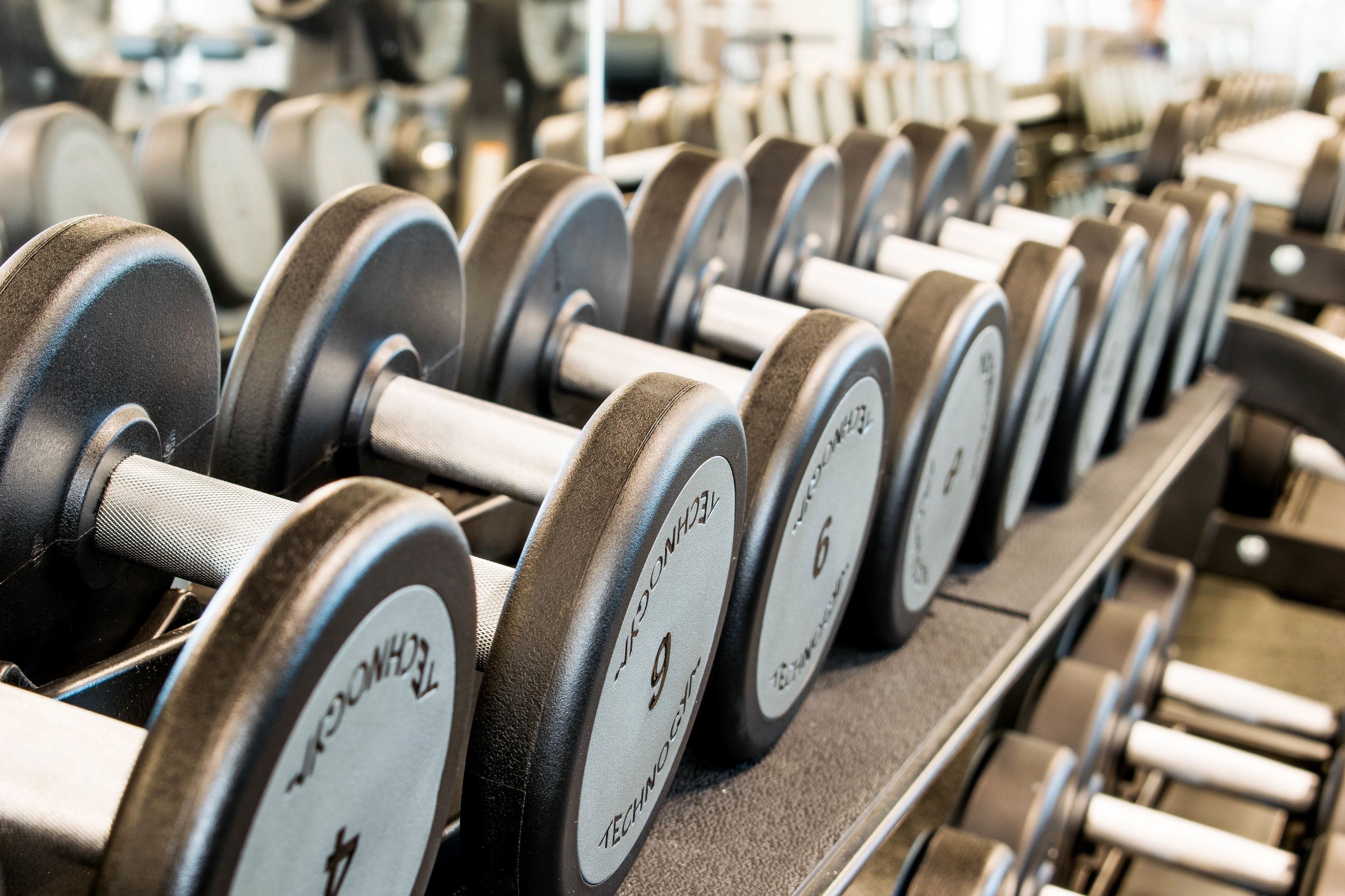 Manubri disposti su una rastrelliera in palestra, con indicazione del peso.