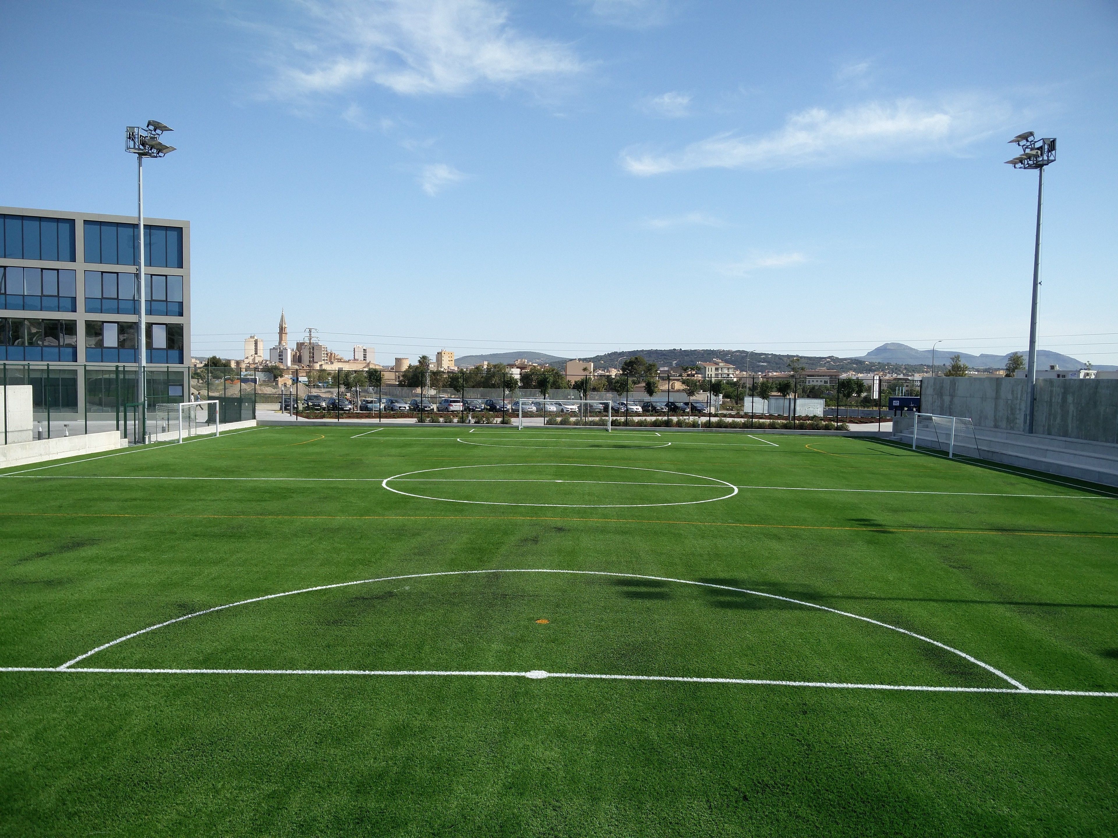 Een voetbalveld met doelpalen, omringd door een hek, en een gebouw met grote ramen op de achtergrond.