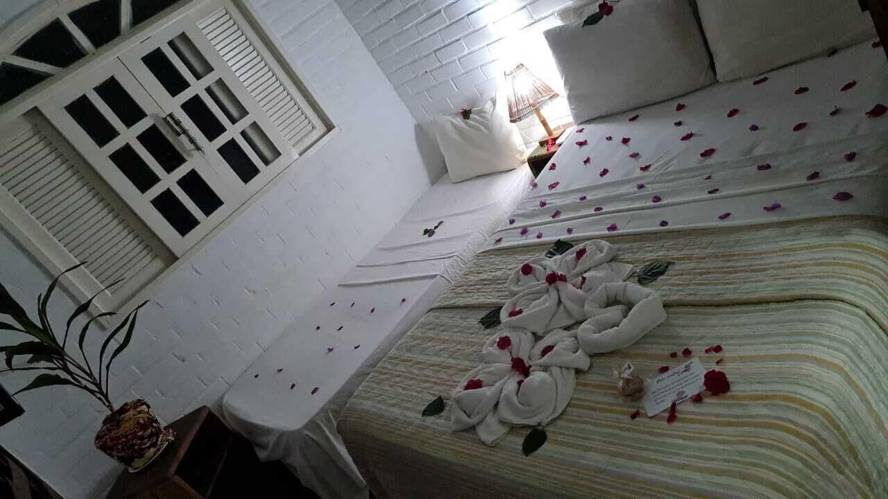 Een hotelkamer met een bed, een raam met zonwering, een nachtkastje met lamp en een decoratieve plant.