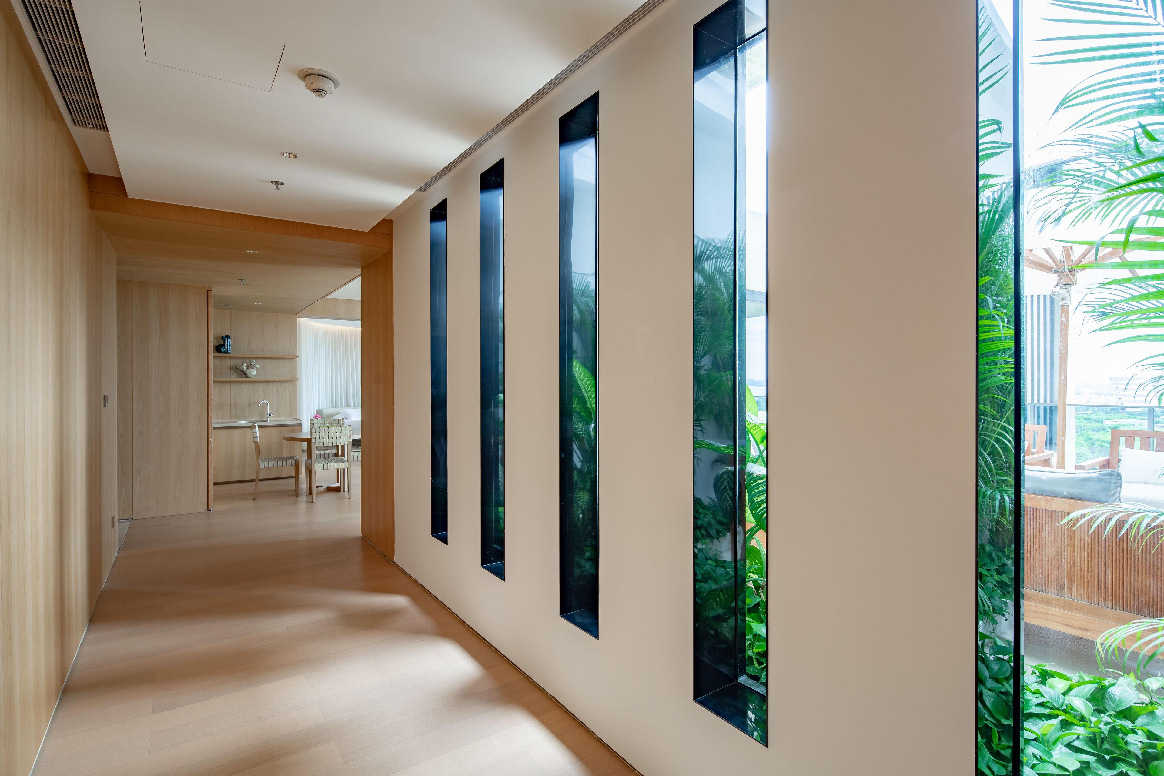 A modern hallway with wooden flooring, a kitchen area in the background, and large windows with greenery outside.