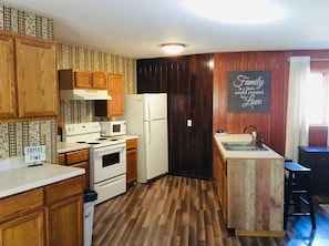 Mary's Valley View, Deluxe 1 Bedroom, Kingbed, Valley View, Upstairs Unit | Private kitchen | Fridge, microwave, oven, stovetop