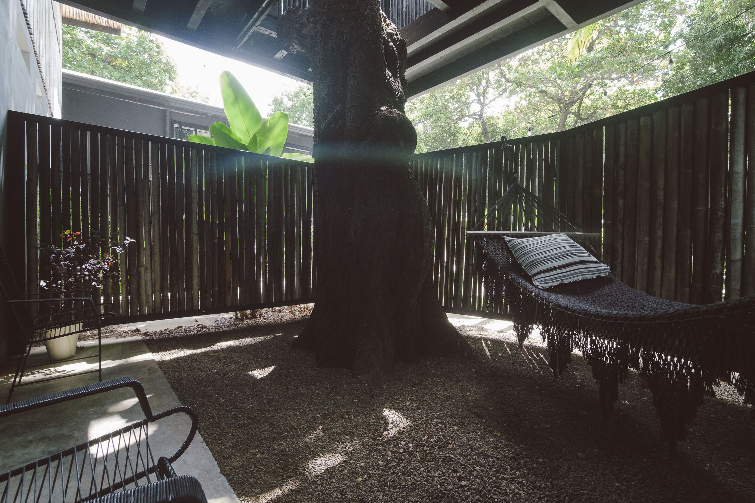 Una hamaca bajo un árbol, un banco de hormigón y una valla de madera en un espacio exterior con sombra.