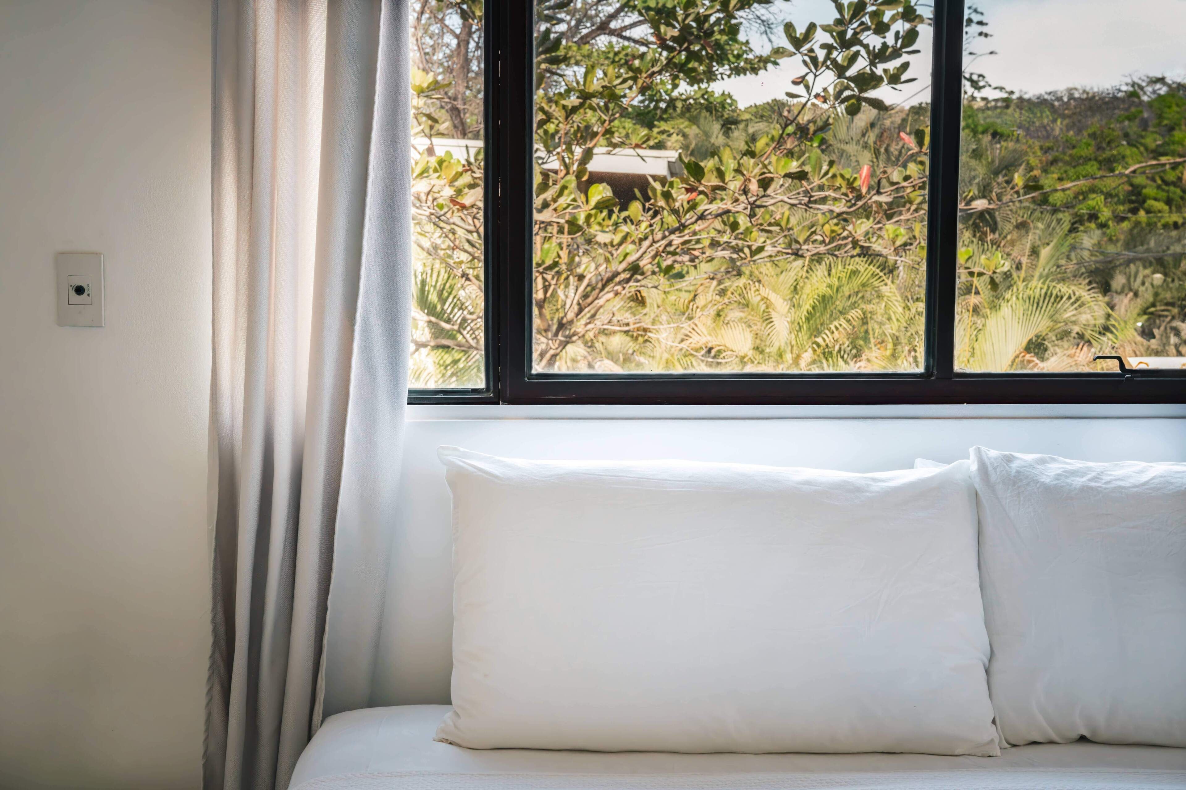 A room with a bed, a window with a view of greenery, and a curtain.