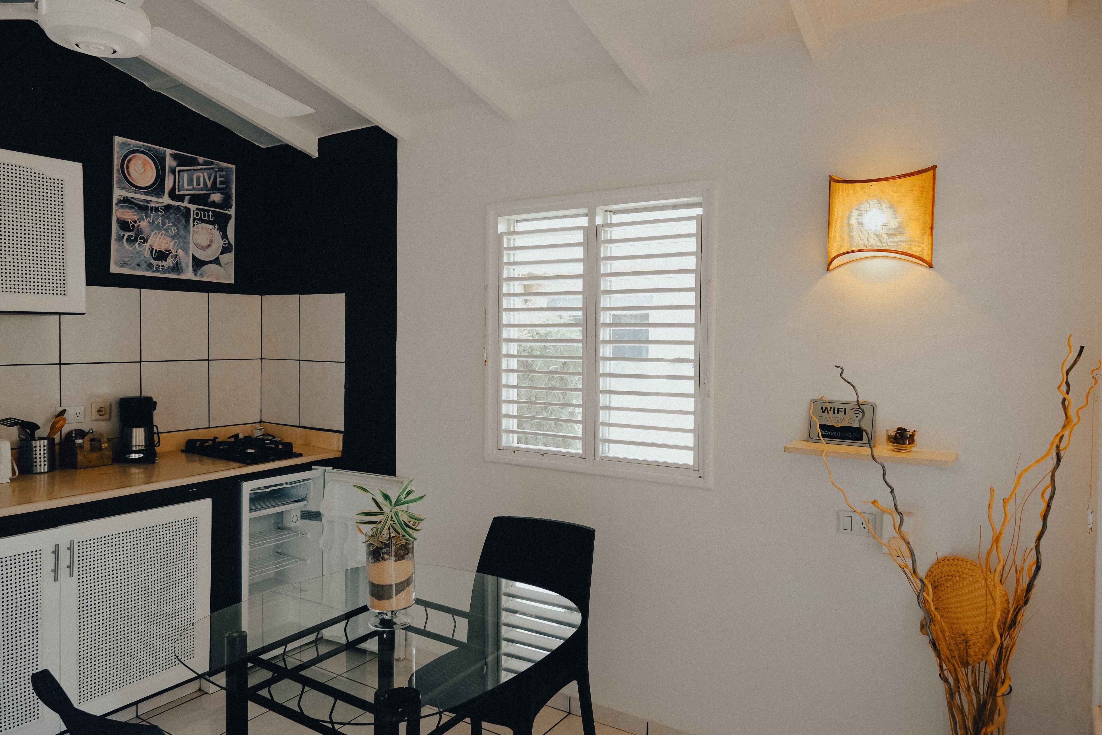 A modern kitchen with a glass dining table, black chairs, a potted plant, and a wall-mounted light fixture.