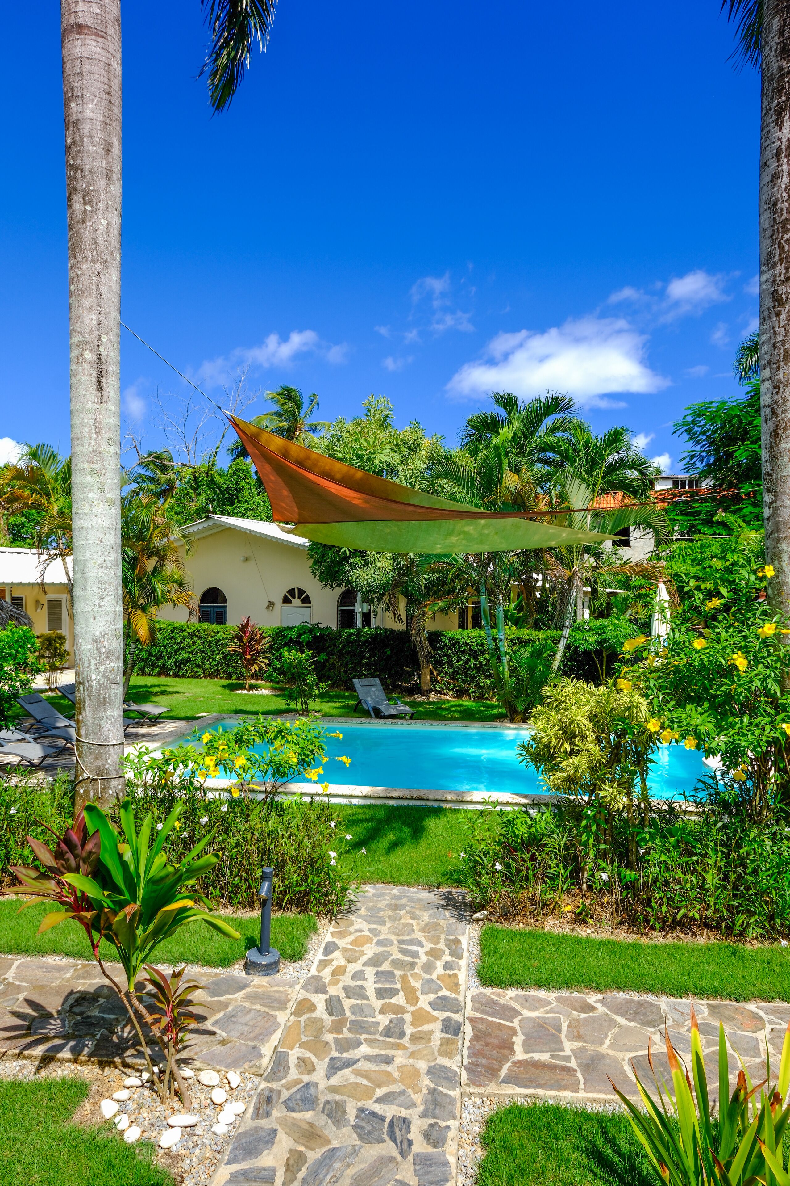 Un área de piscina con un sendero de piedra, palmeras y una casa al fondo.