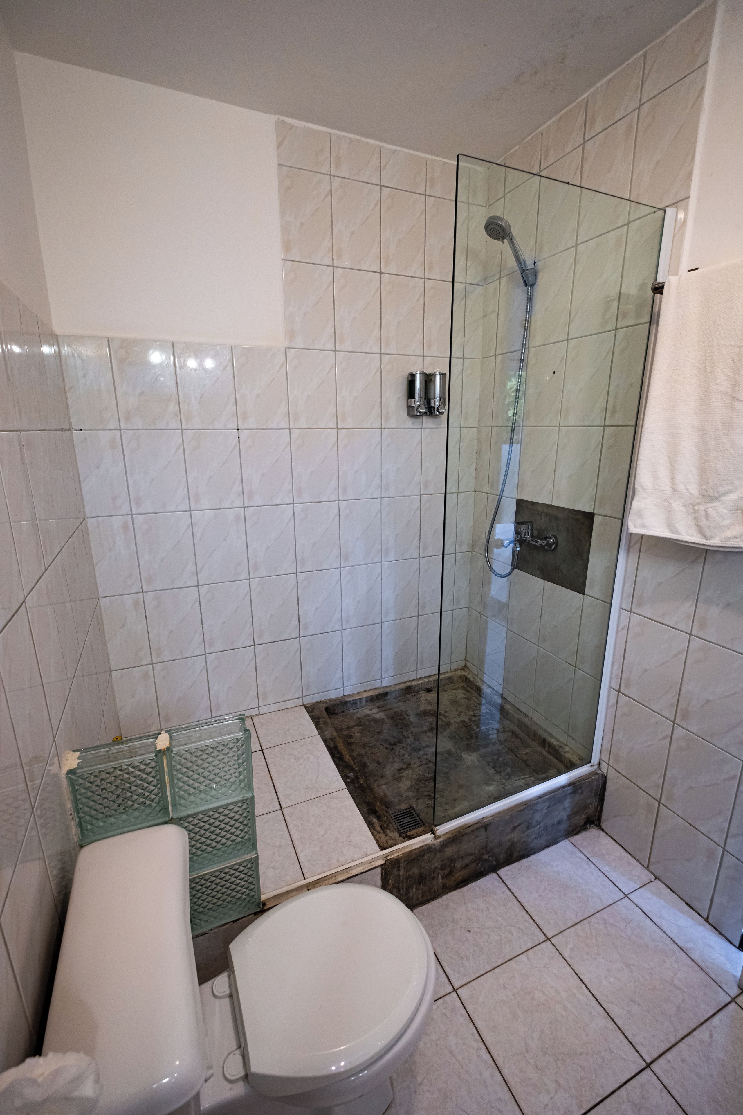 Un baño con ducha de vidrio, inodoro y lavamanos.