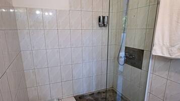 Un baño con ducha de vidrio, inodoro y lavamanos.