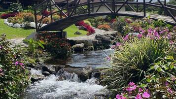 Un jardín con un pequeño arroyo, un puente de madera y diversas plantas en flor.