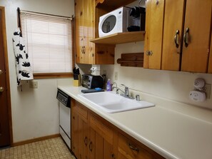 Cocina compacta con armarios de madera, un microondas, un tostador y un lavabo.
