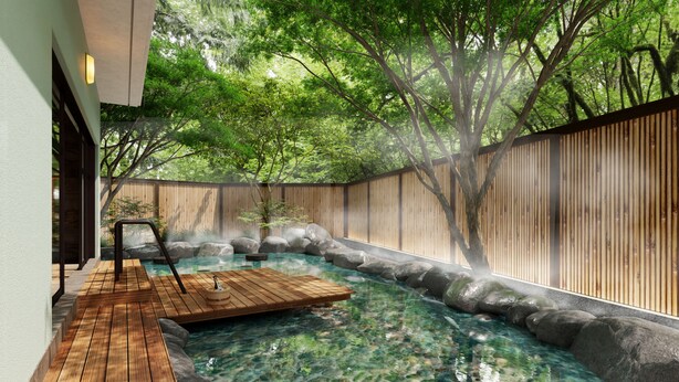 A clear pool with wooden deck, surrounded by rocks and bamboo fencing, with trees overhead. - Gensen Itto Minamiizu (Minamiizu)