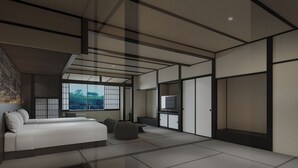 A modern bedroom with a large bed, a TV, and sliding doors. - Gensen Itto Minamiizu (Minamiizu)