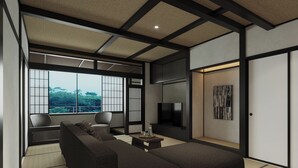 A modern living room with a sofa, chairs, a TV, and a large window with a view. - Gensen Itto Minamiizu (Minamiizu)