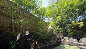 Un jardin aménagé dans un style naturaliste, avec un petit étang, entouré de rochers et d’un feuillage dense.