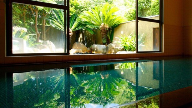 Una piscina interior con paredes de vidrio transparente que reflejan la vegetación y plantas circundantes.