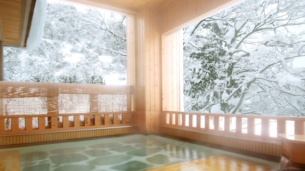 A wooden hot spring bath with a view of snow-covered trees. - Takahan (Yuzawa)
