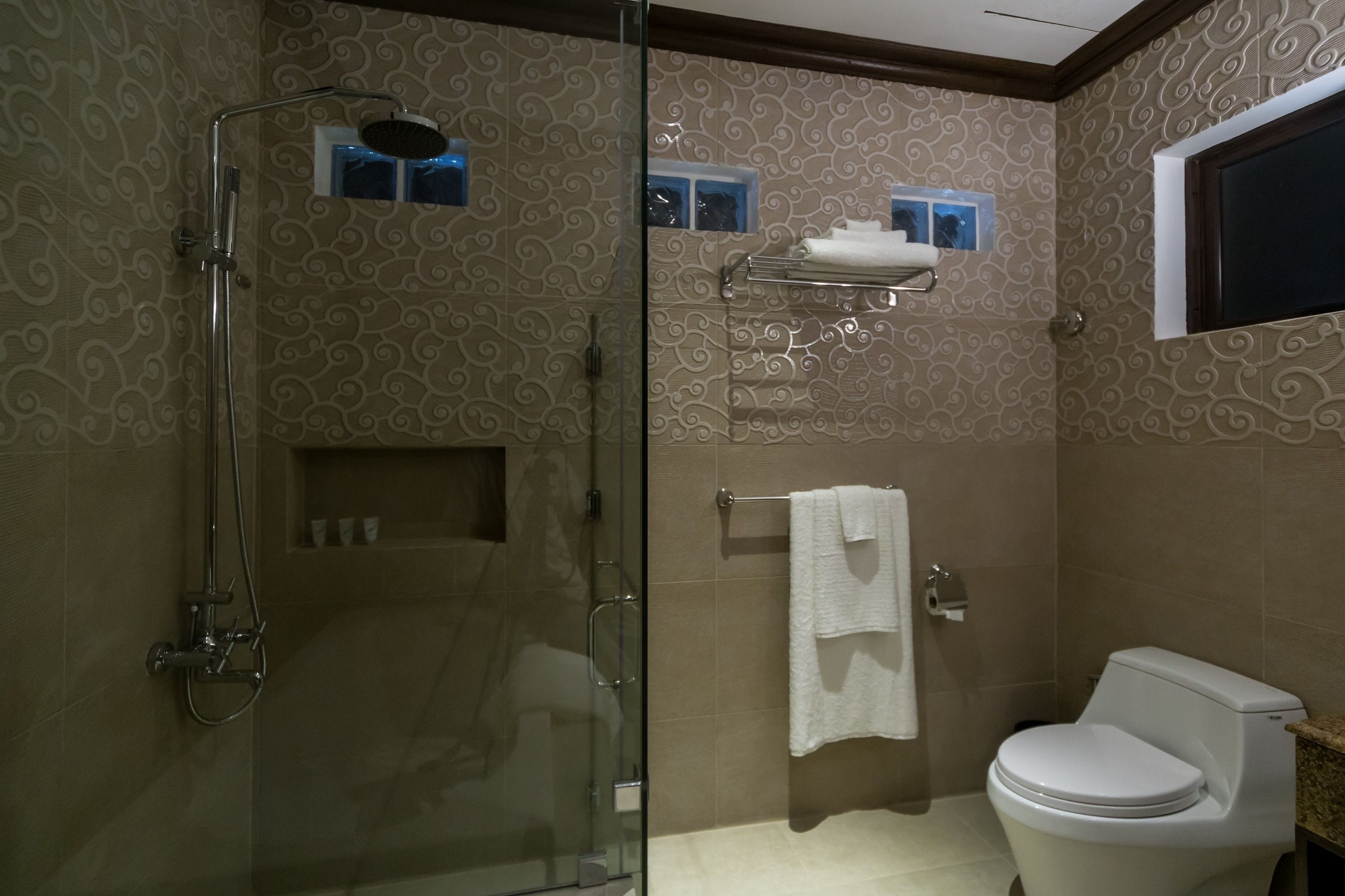 A bathroom with a glass-enclosed shower, a toilet, and a towel rack.