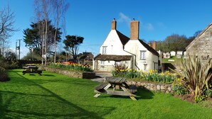 A traditional white building with a pitched roof, a stone wall, and a garden with daffodils. There is a picnic table in the foreground.