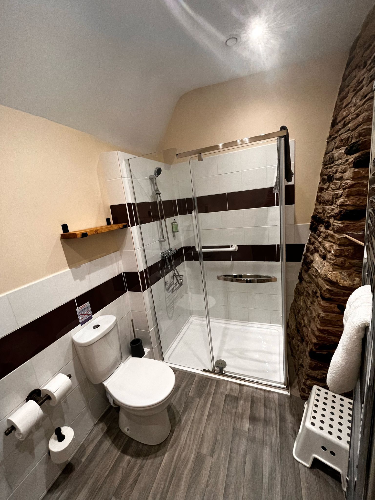 A modern bathroom with a glass-enclosed shower, a toilet, and a sink.