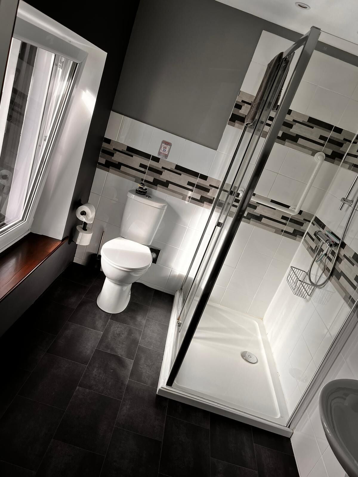 A modern bathroom with a toilet, a shower with a glass door, and a sink.