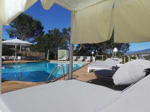 Outdoor pool, pool umbrellas, pool loungers