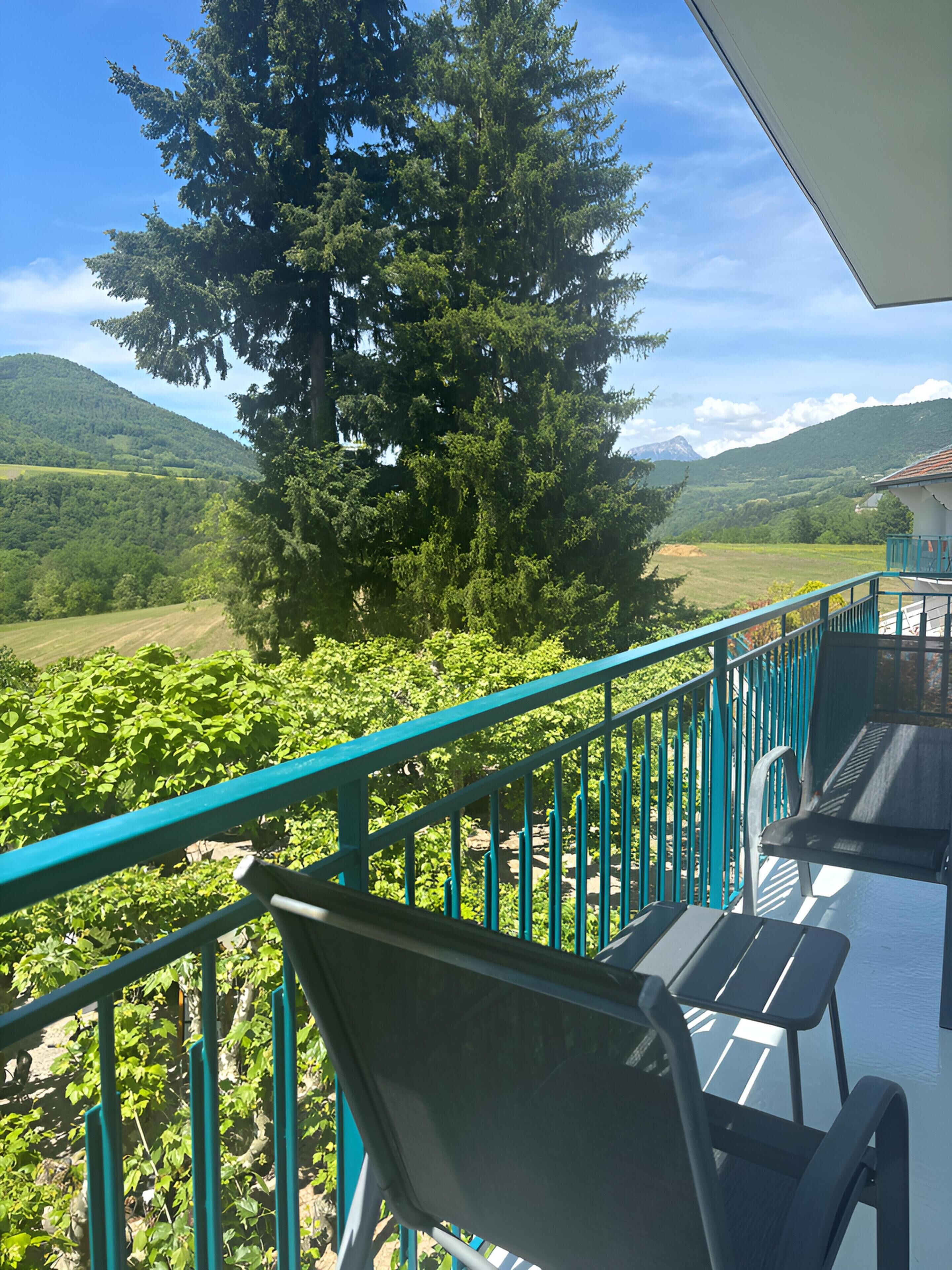A balcony with a view of a vineyard, a large tree, and distant mountains.