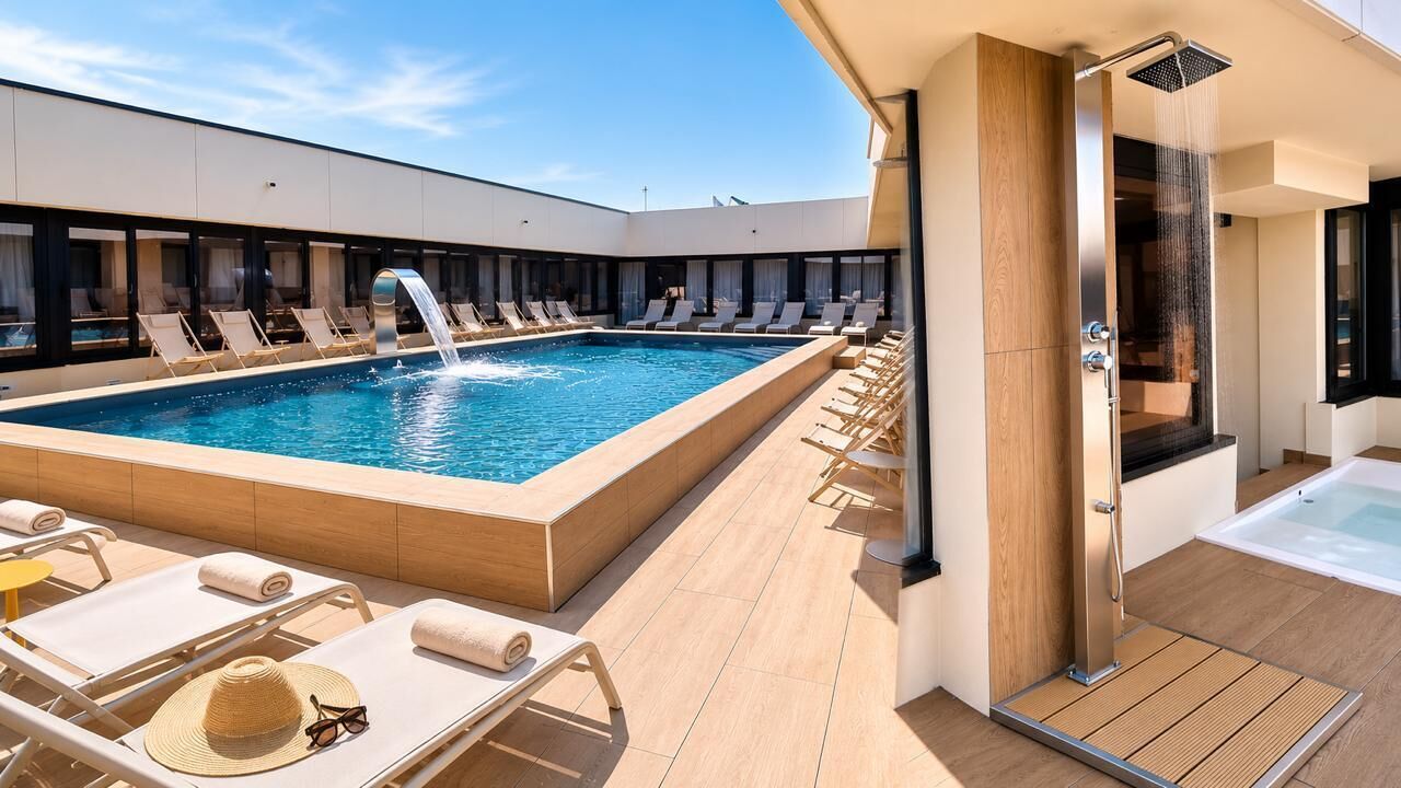 Outdoor pool, open 9:00 AM to 9:00 PM, sun loungers