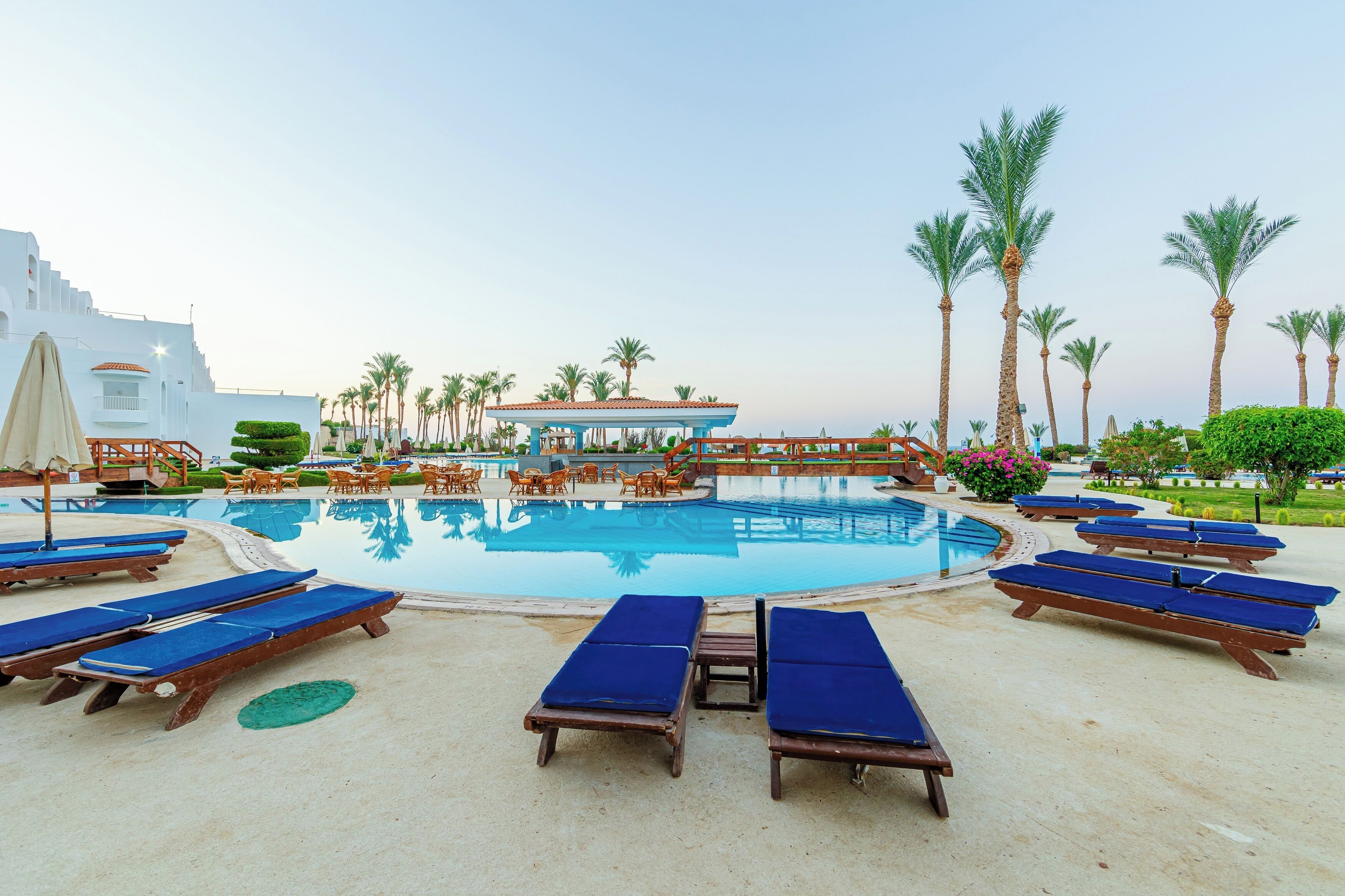 A swimming pool with lounge chairs, palm trees, and a building with a blue roof.