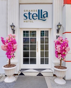 The entrance of Grande Stella Hotel with a double door and two potted plants with pink flowers. - Grande Stella Hotel (Eskisehir)