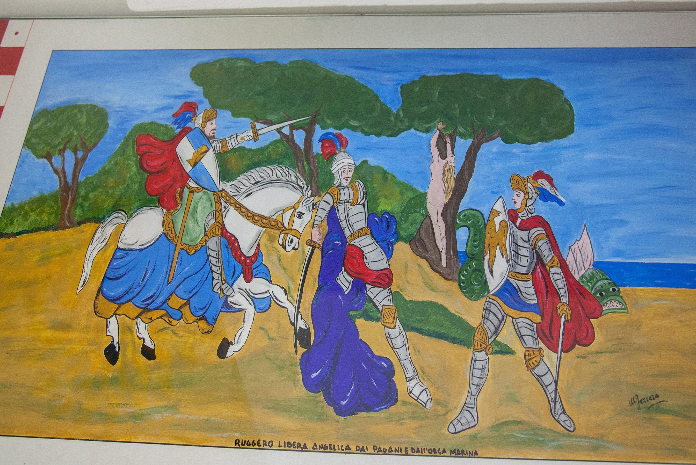 Un tableau représentant trois chevaliers en armure, dont l’un est à cheval et les deux autres à pied, avec un arbre et une étendue d’eau en arrière-plan.