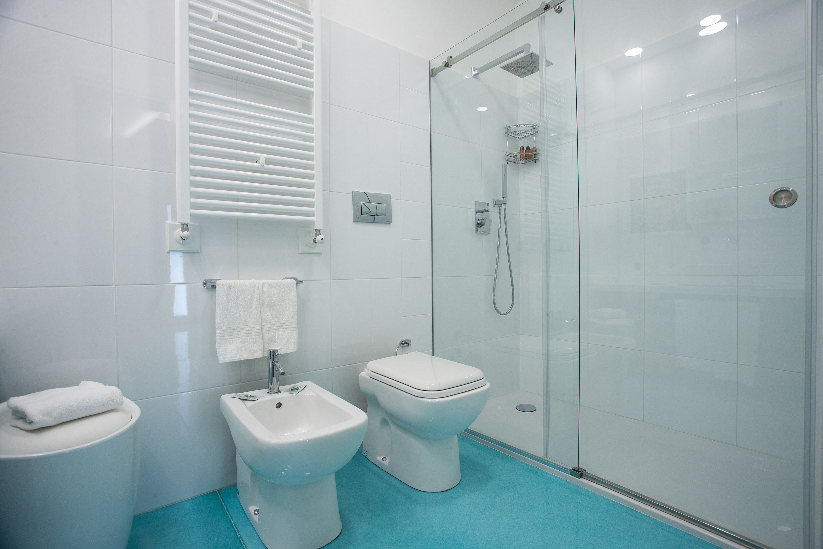 A modern bathroom with a glass shower enclosure, a bidet, and a toilet.