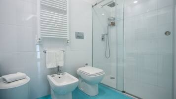 A modern bathroom with a glass shower enclosure, a bidet, and a toilet.