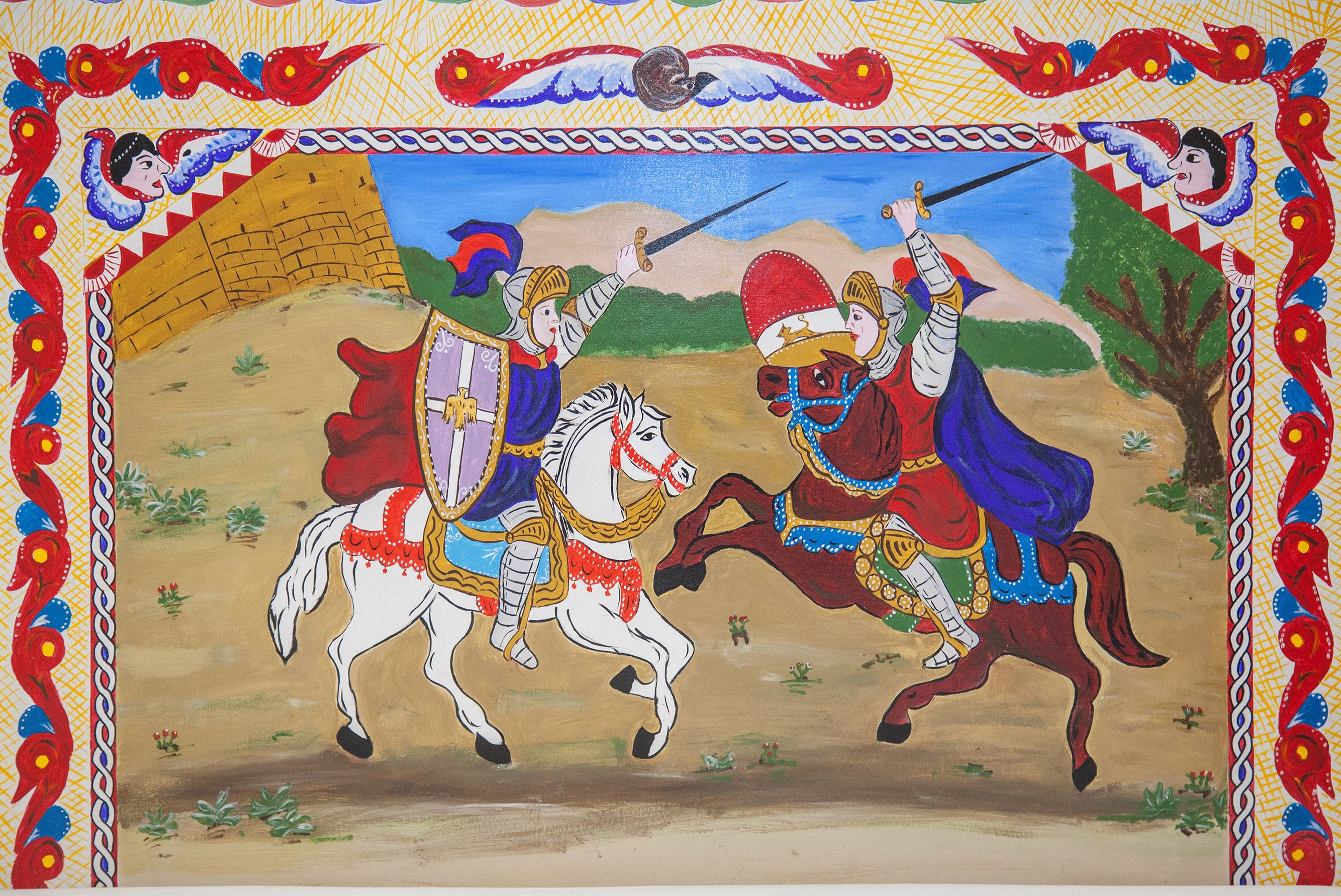 Un mural que muestra a dos caballeros a caballo, uno montado en un caballo blanco y el otro en uno marrón, enfrentados en un duelo.
