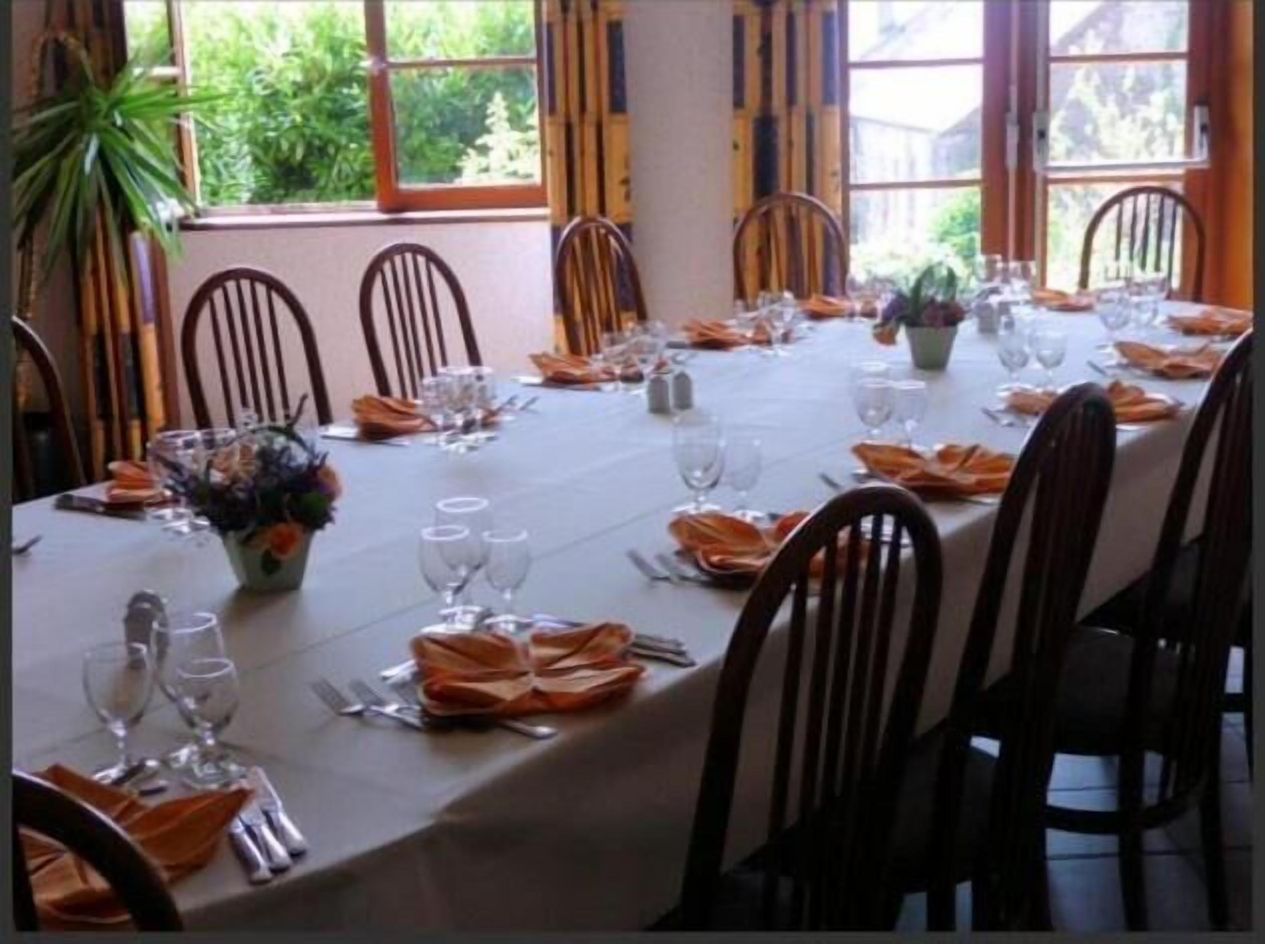 A long dining table set for a meal with chairs around it, large windows with a view of greenery, and a potted plant on the table.