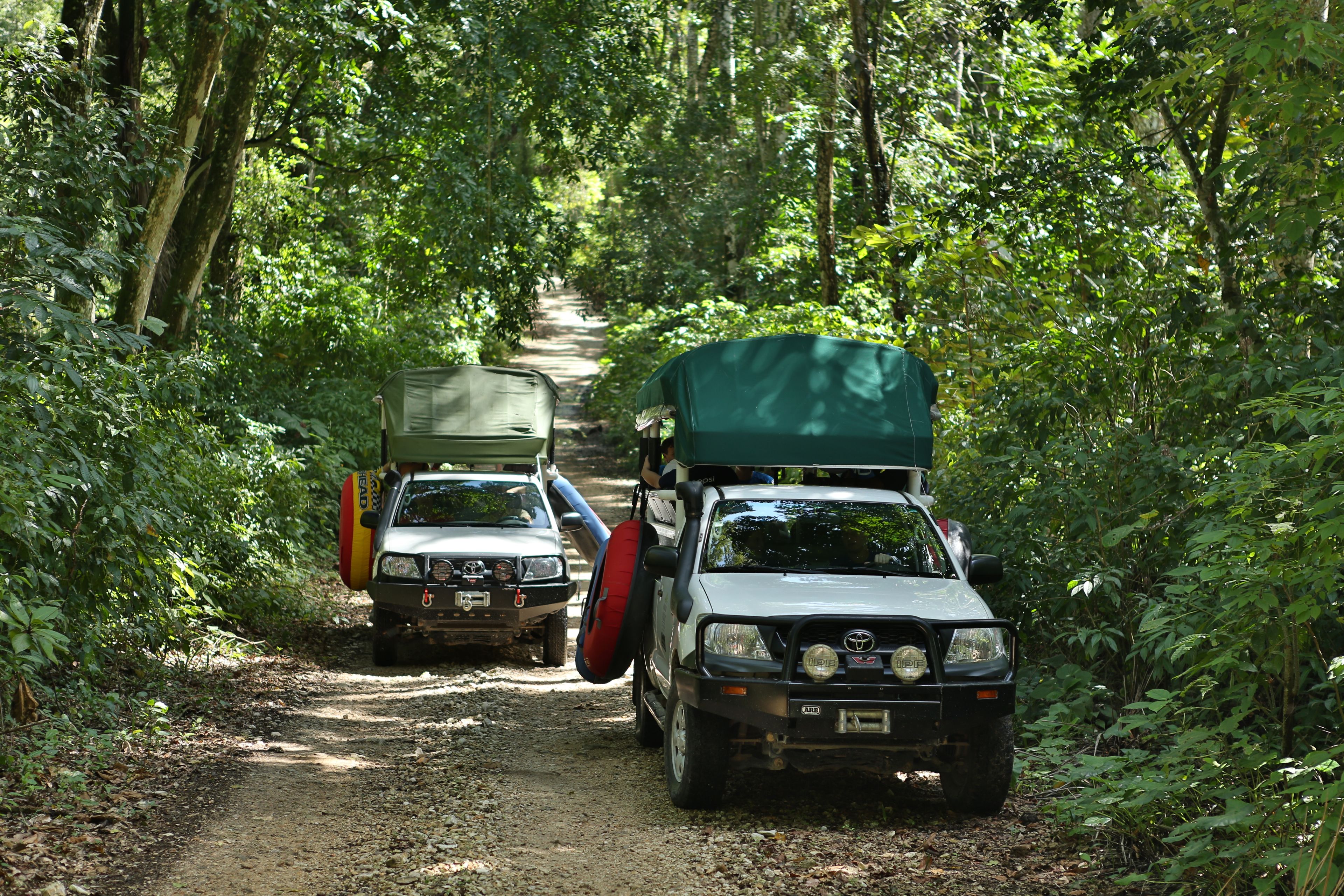 A dirt path in a forested area with two off-road vehicles parked.