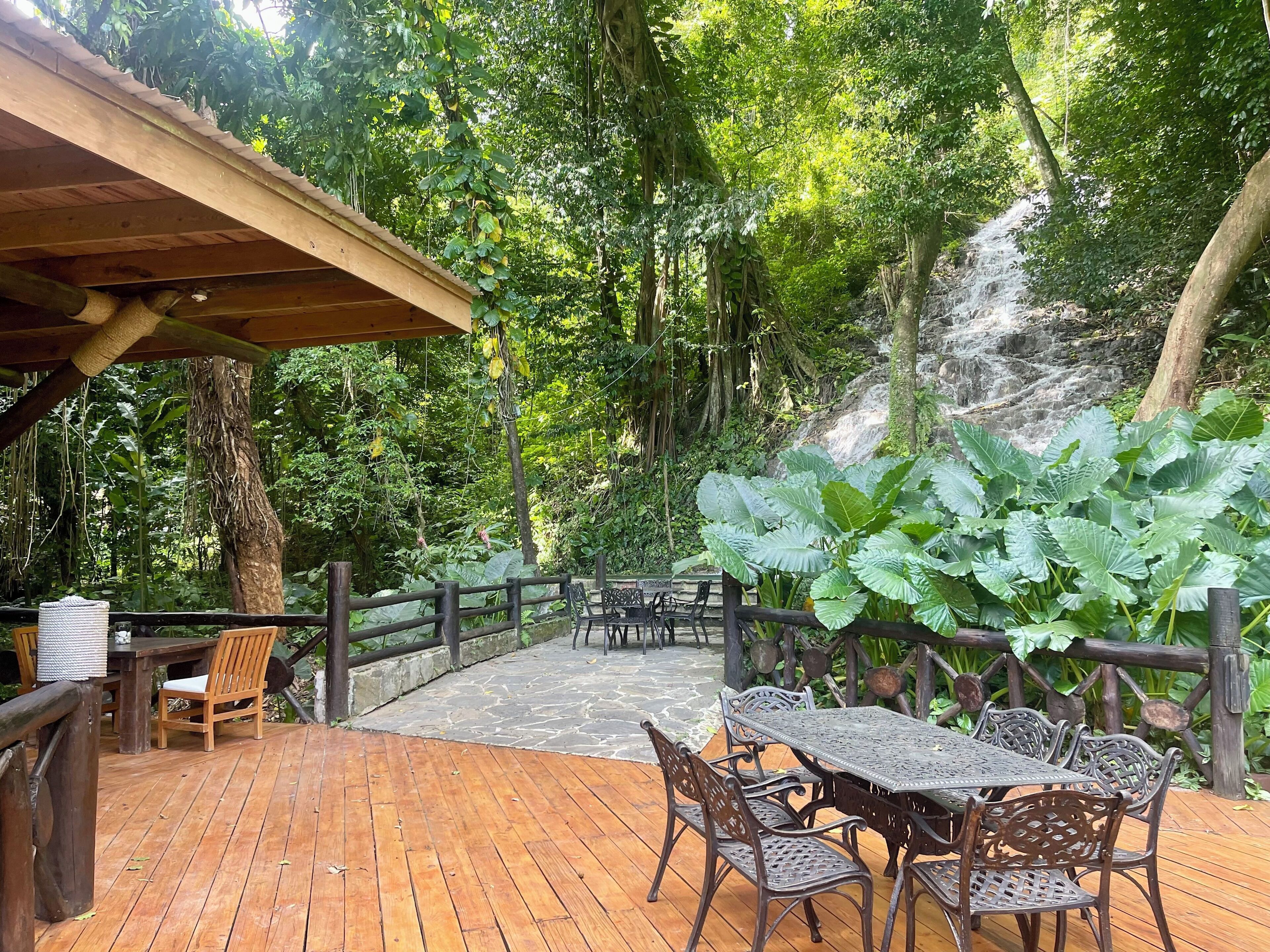 Una terraza de madera al aire libre con una mesa y sillas, rodeada de exuberante follaje y un sendero de piedra.