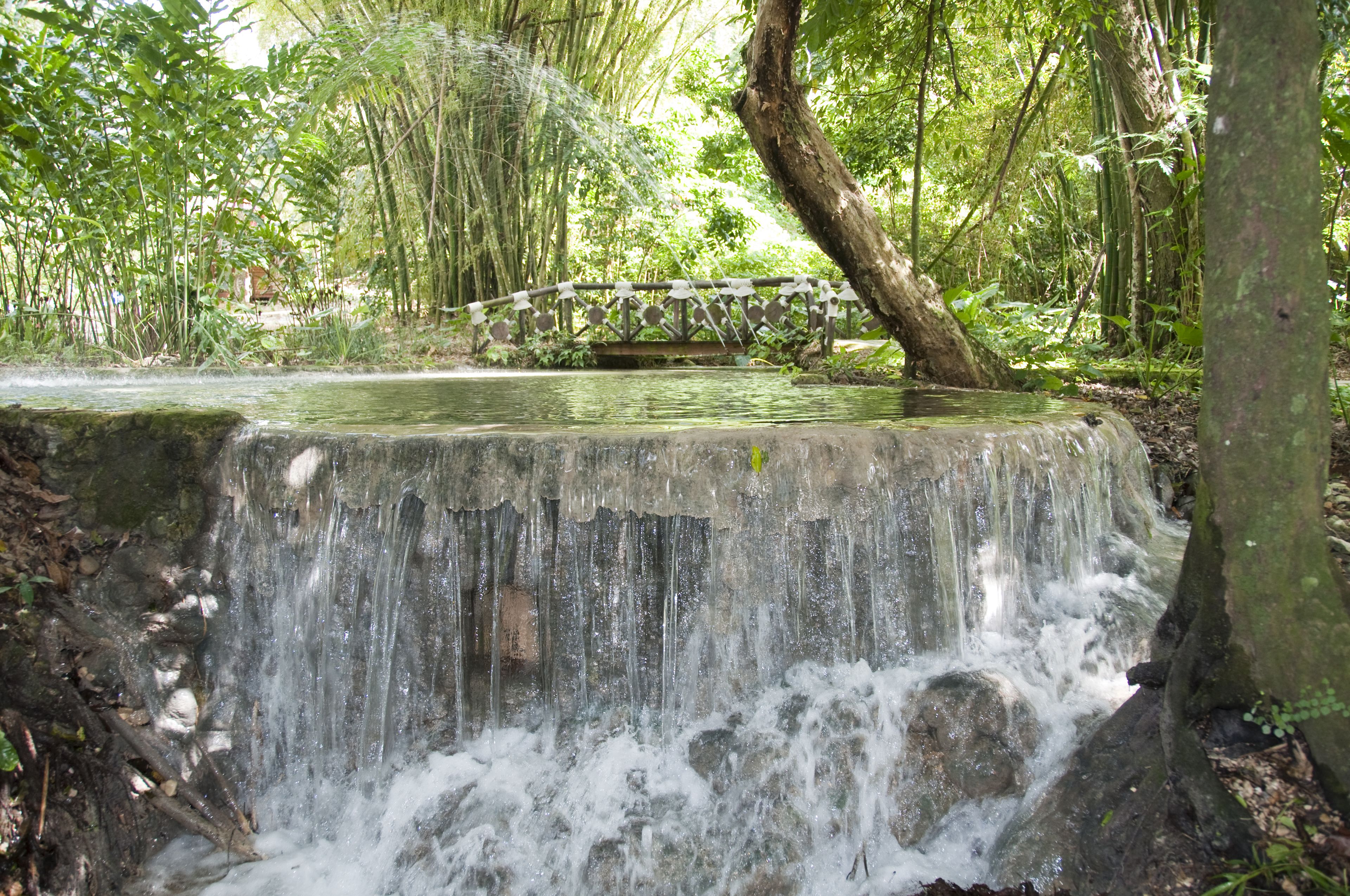 A waterfall cascading over a stone ledge with a wooden bridge in a forested area.