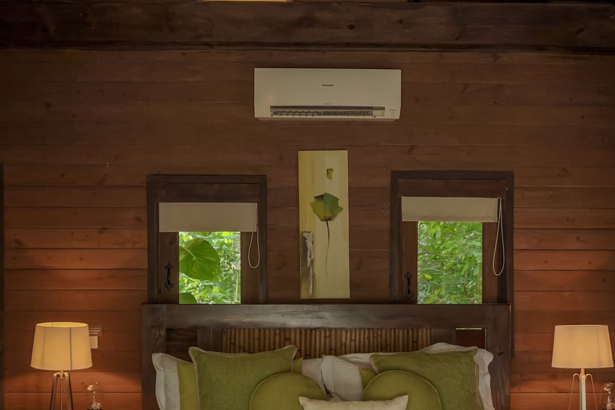 A wooden room with a bed, two windows, a ceiling fan, and a wall-mounted air conditioner.