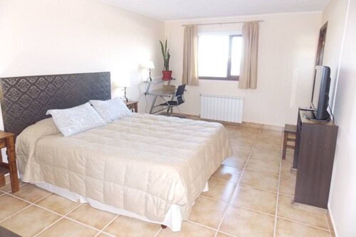 A bedroom with a bed, a desk, a chair, a radiator, and a television.