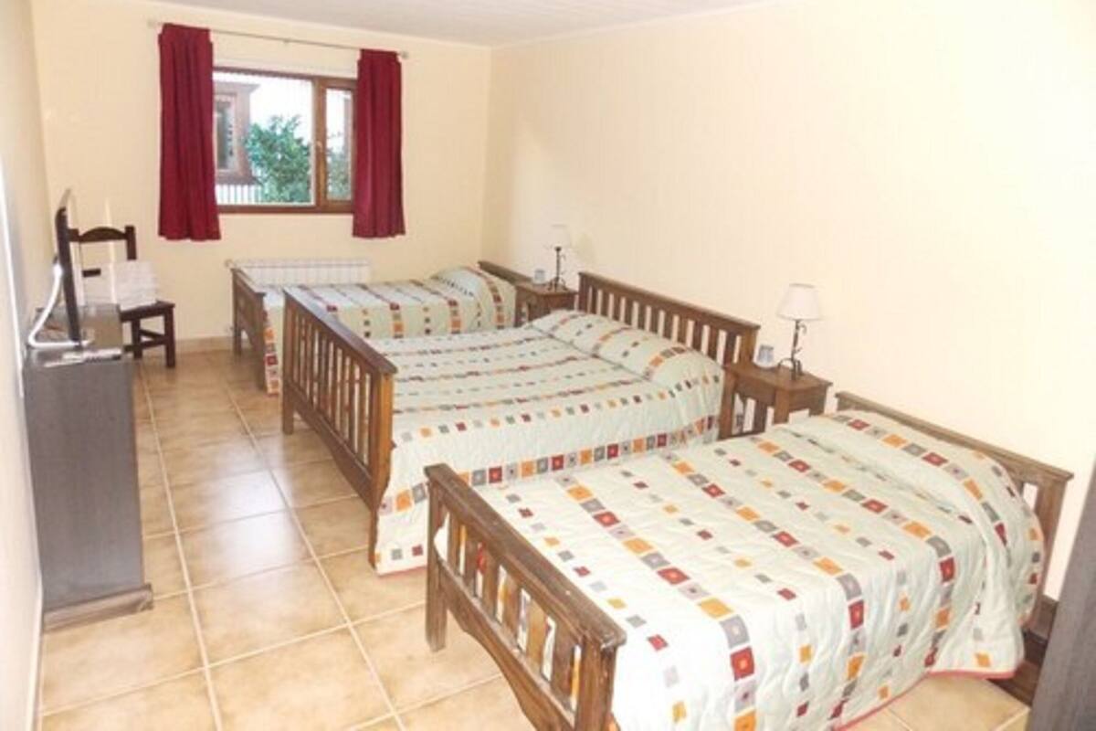 A bedroom with two single beds, a desk, and a chair.