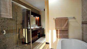 A modern bathroom with a glass shower enclosure, a bathtub, a vanity with a mirror, and a towel rack.
