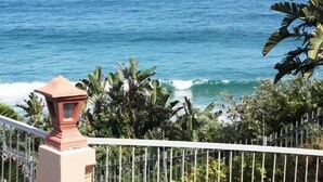 Vista costera con barandilla, palmeras y olas del océano.