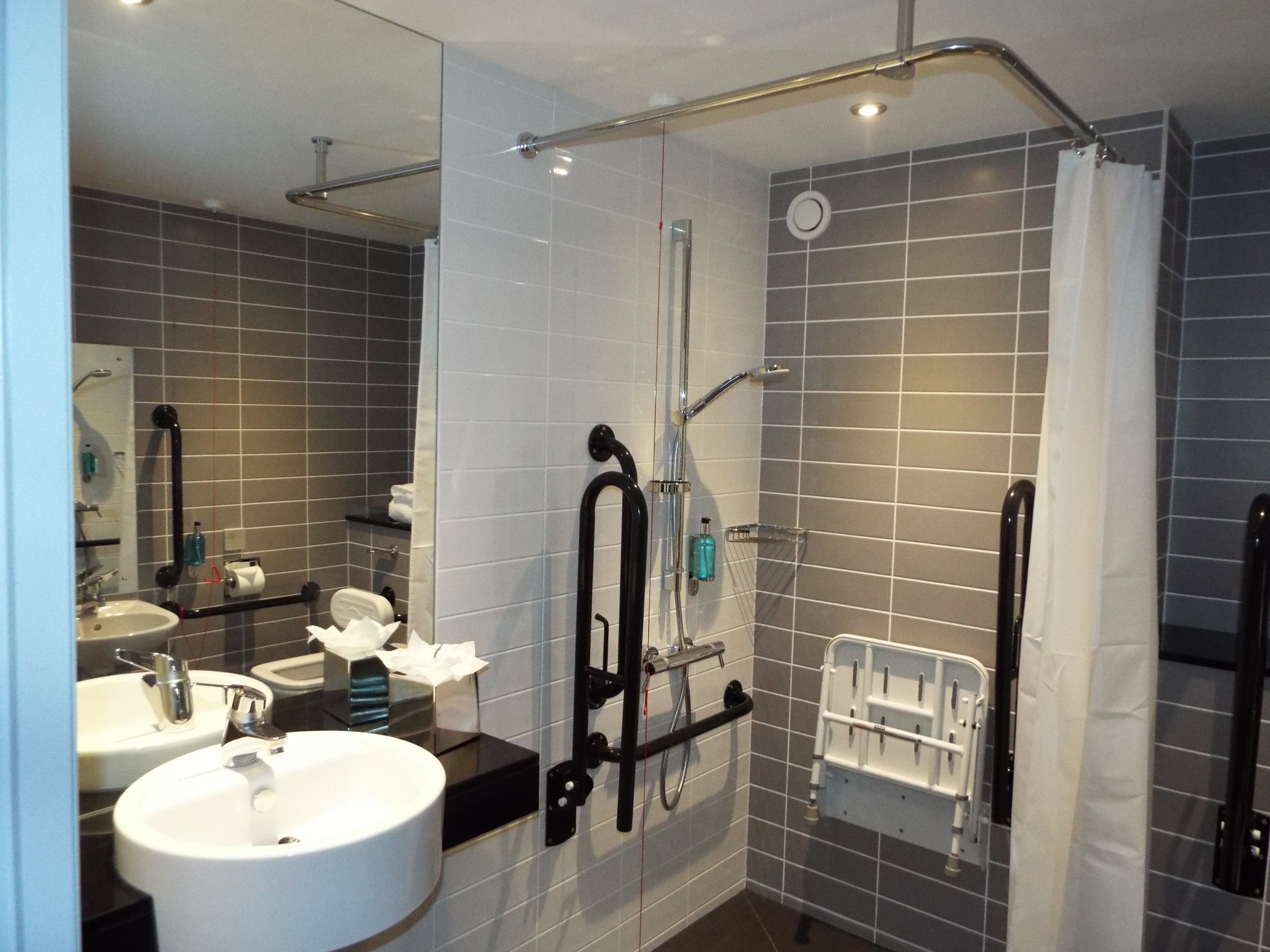 standard room, 1 queen bed, accessible (1 bed, roll in shwr) | bathroom | shower, free toiletries, hair dryer, towels