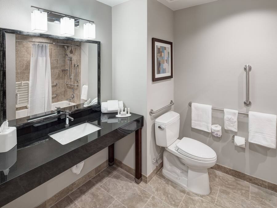 A modern bathroom with a black countertop, a large mirror, a white toilet, and a shower area.