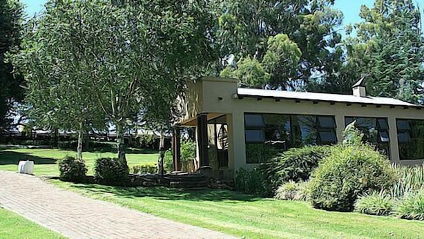 A modern house with a covered porch, surrounded by lush greenery and a paved driveway.