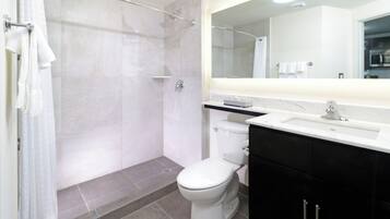 Shower, eco-friendly toiletries, hair dryer, towels