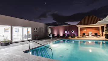 Outdoor pool, pool umbrellas, pool loungers