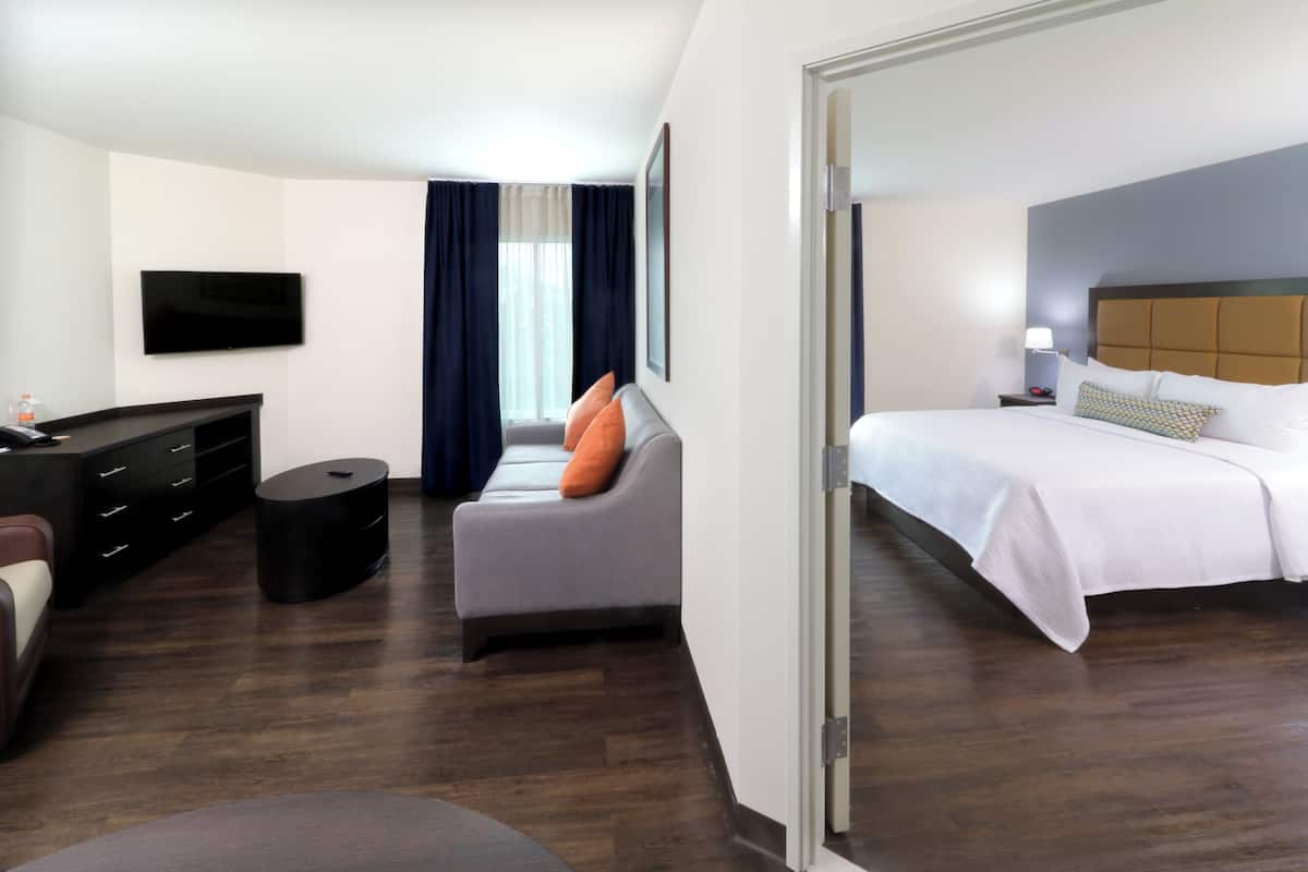 Une chambre d’hôtel avec un lit, un canapé, une télévision, un bureau et une petite table.
