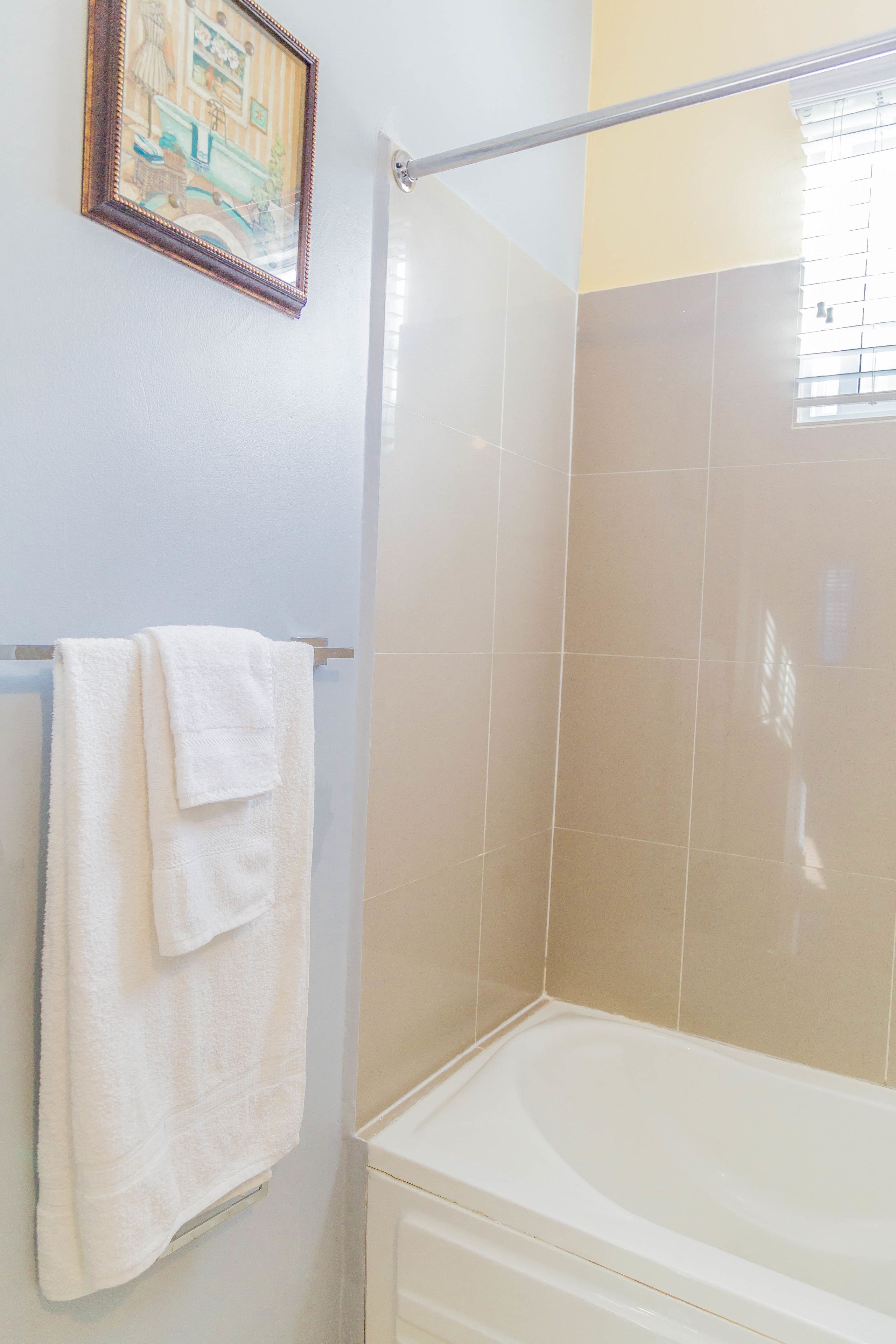 Une salle de bain avec une baignoire, un porte-serviettes avec une serviette blanche et un tableau encadré au mur.